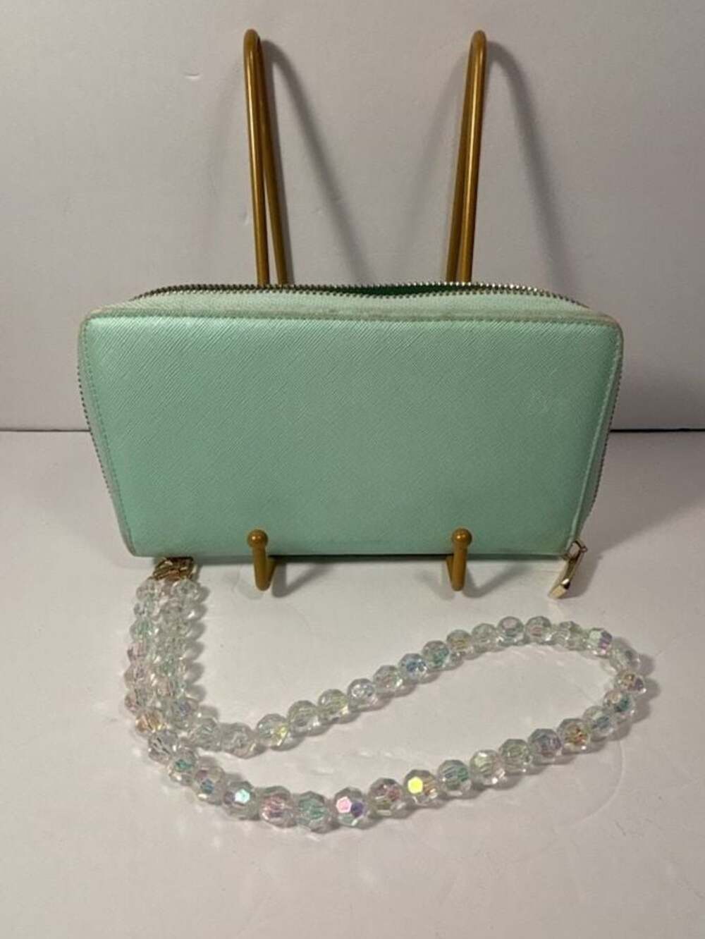 Chelmon Mint Green Saffiano Zip Around Wallet With Crystal Beaded Wristlet Strap
